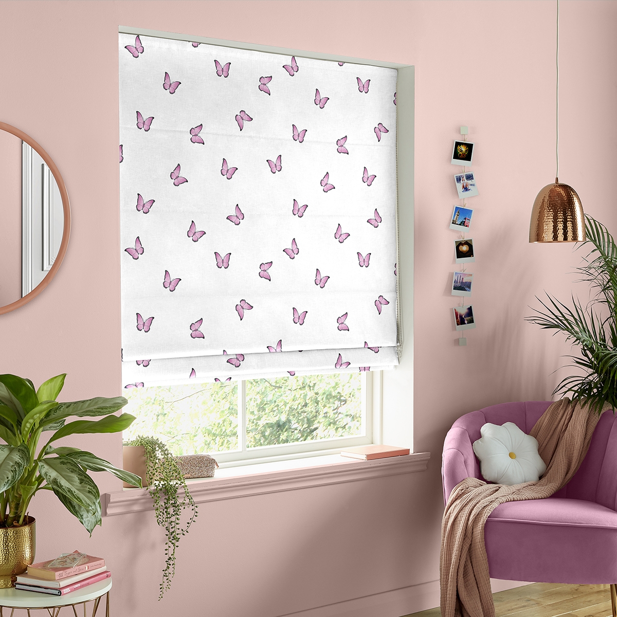 Product photograph of Butterfly Pink Roman Blind from Choice Furniture Superstore.